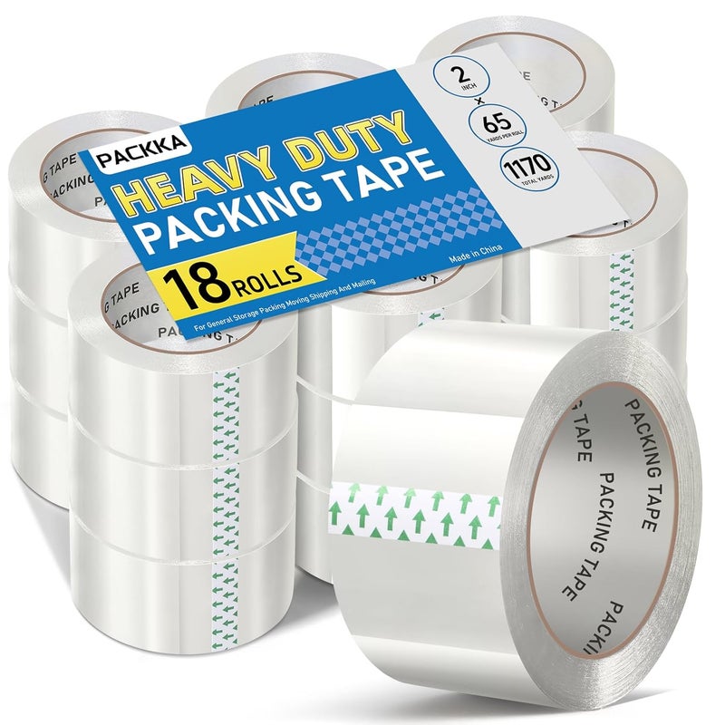 PACKKA Clear Packing Tape, Heavy Duty Packaging Tape Refills 18 Rolls, 2 inch x 65 Yards, Shipping Tape Box Tape Mailing Tape for Shipping Packaging Moving Sealing and Storage - Image 1